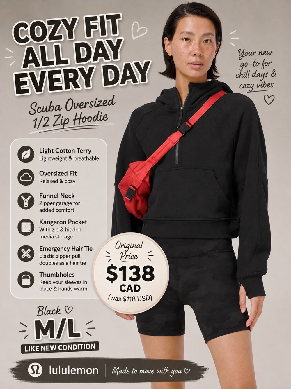 lululemon athletica oversized 1/2 zip hoodie
